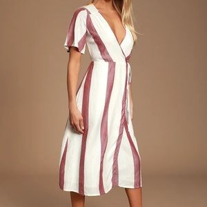 Lulu’s Caleta Cream and Red Striped Wrap Midi Dress